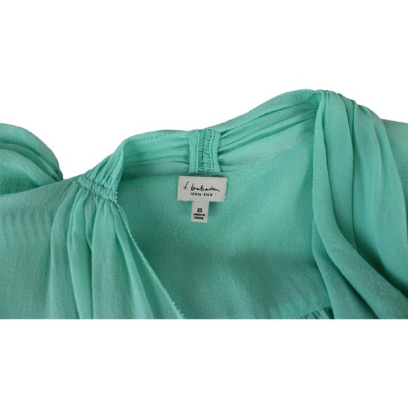t. babaton Silk Crepe Blouse XS Mint Green Short Sleeve V Neck Ruffle CA270 - Picture 9 of 14